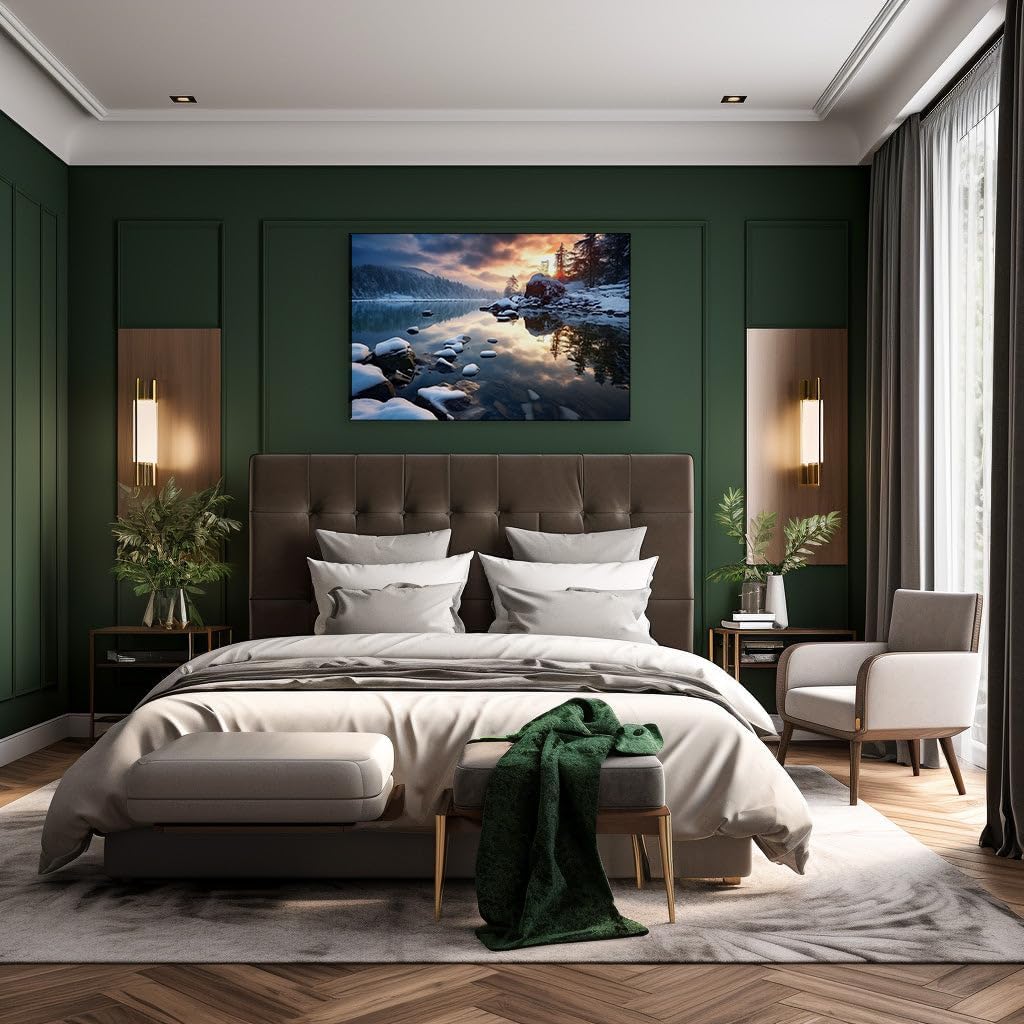 Canvas for Living Room. Winter Serenity in a Snapshot � A Cozy Lakeside Retreat Amidst Snowy Whispers, 27 x 18 inch Canvas Wall Art - Contemporary Masterpieces - Modern Home Decor