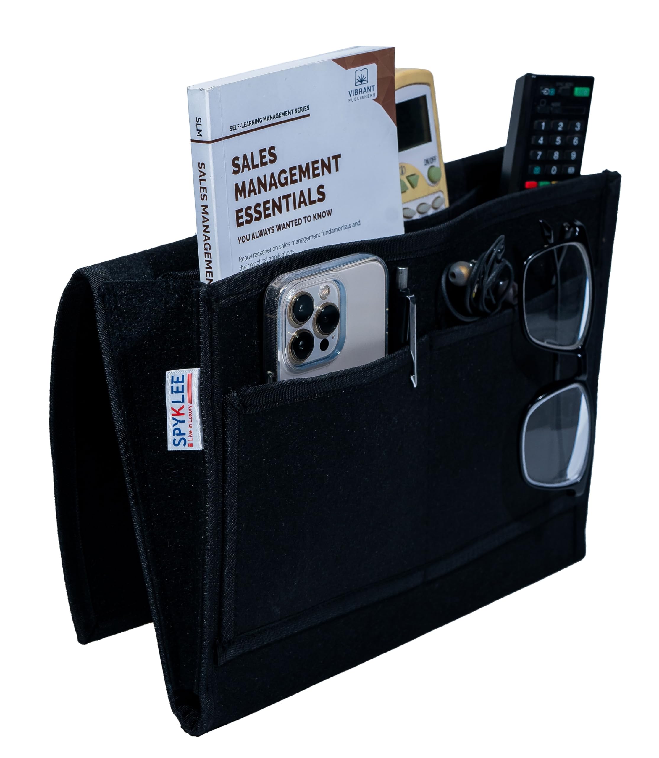 SPYKLEE Felt Bedside Storage Organizer with 5 Pockets | Hanging Bag for Bed, Sofa, Desk | Holds Tablets, Magazines, Remotes | Cable Hole for Charging | Multipurpose Storage (Black)-image-18