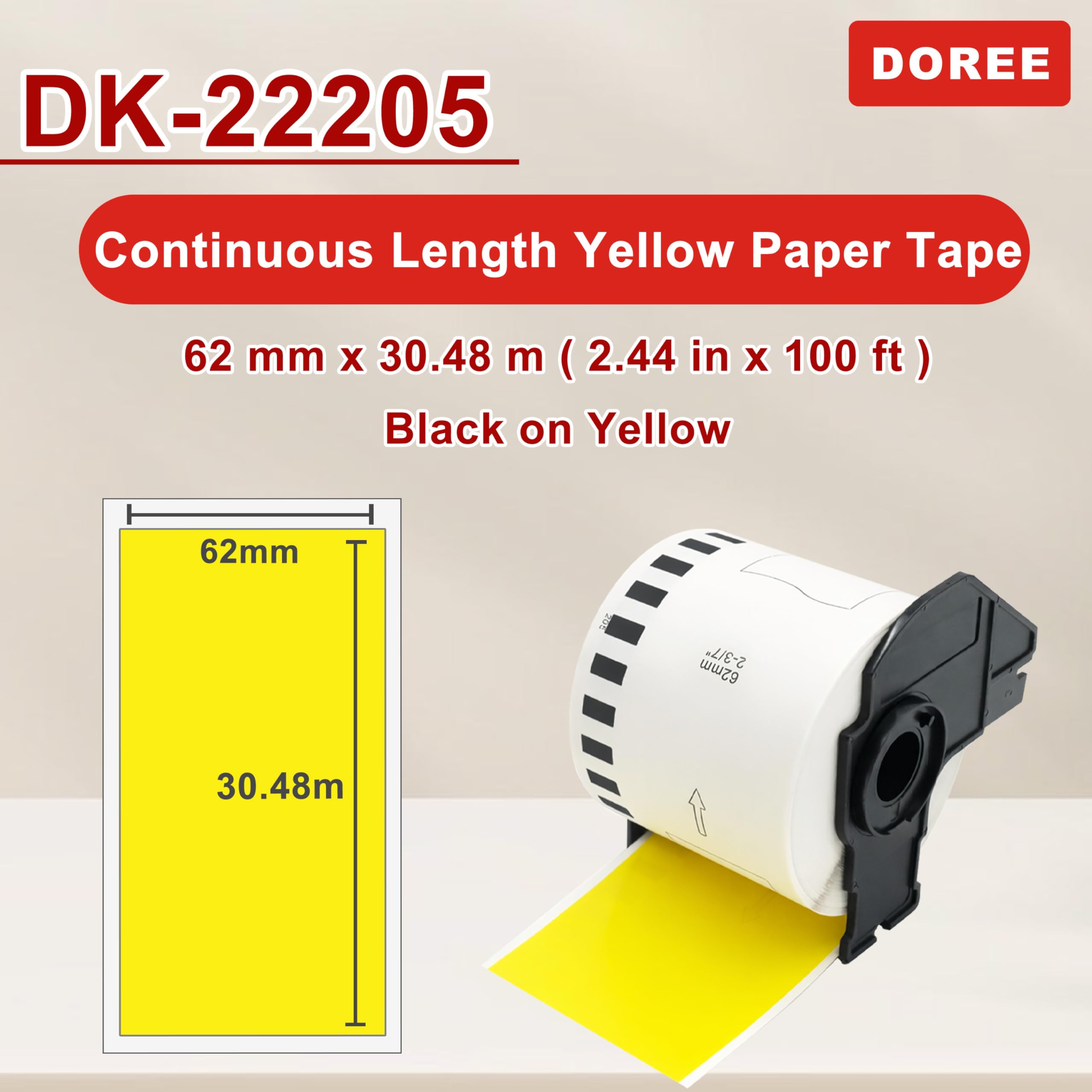 DOREE 4 Rollen DK-22205 gelbe Endlosetiketten, kompatibel mit Brother DK-22205, 62 mm x 30,48 m, geeignet für Brother QL-500, QL-550, QL-570, QL-580N, QL-700, QL-800, QL-1060N, QL-1100