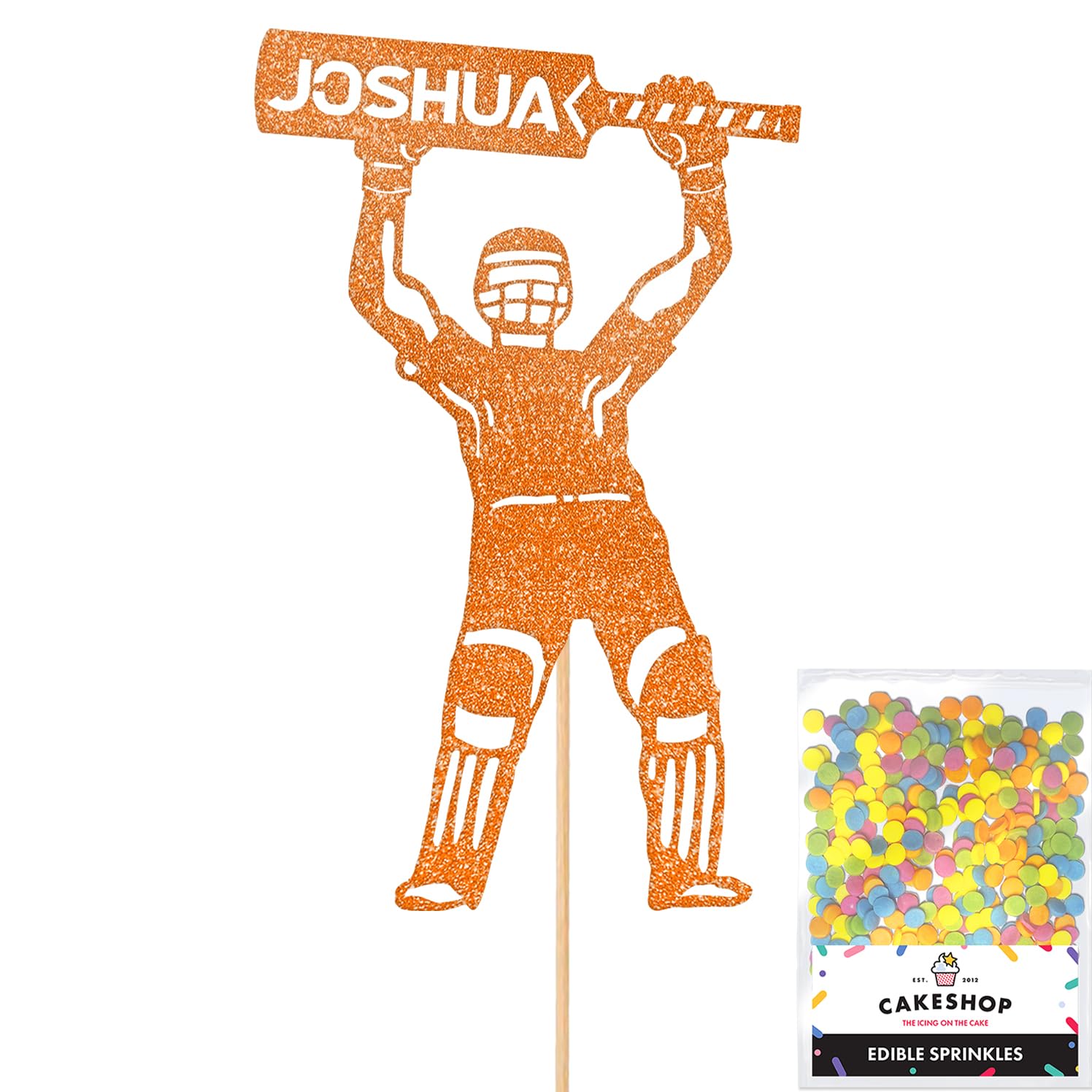 Personalised Cricket Batsmanl Glitter Cake Topper - Copper Orange Custom Name Glitter Cake Decoration and Sprinkles - Happy Birthday Decorations - Personalised Toppers for Cakes by Cakeshop