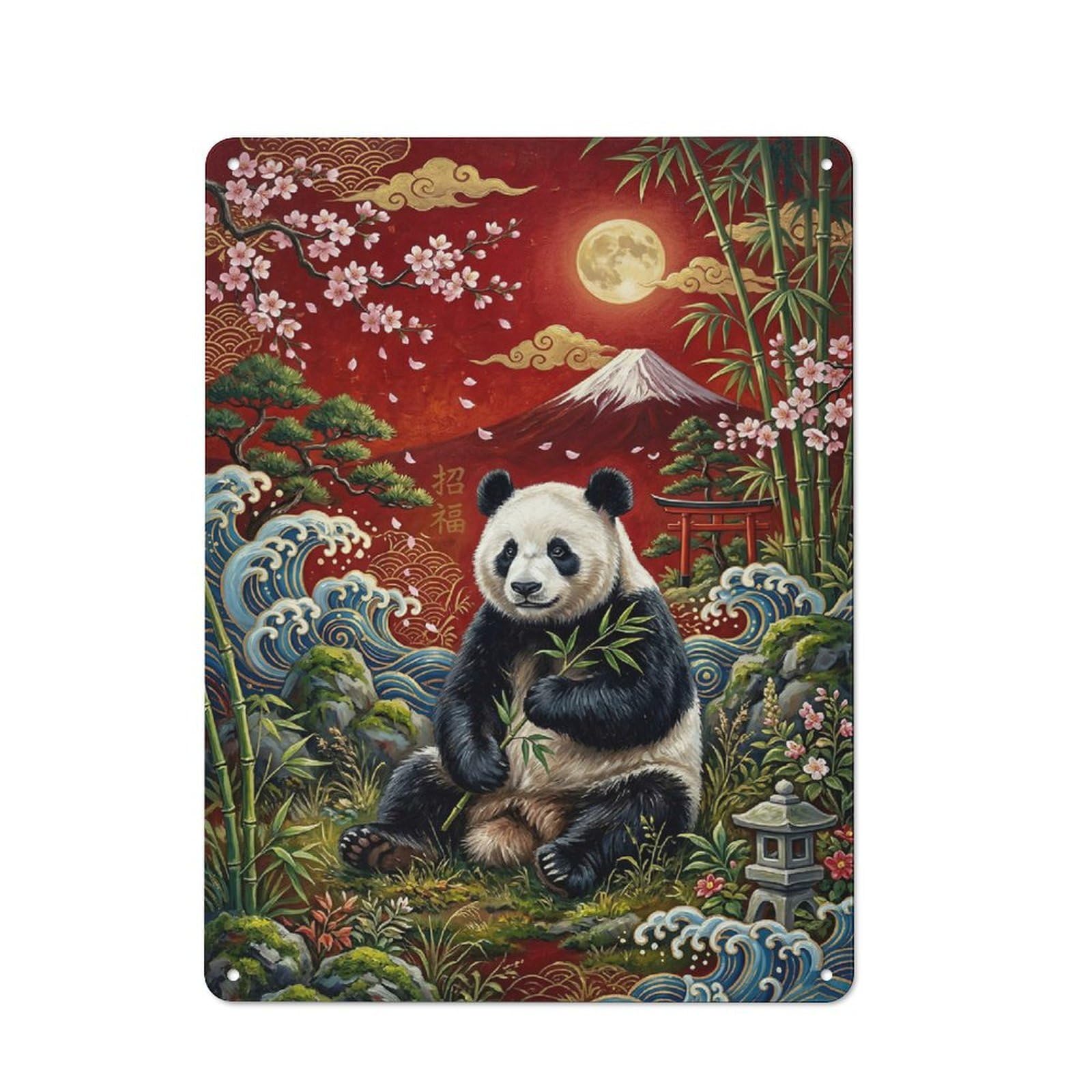 Junmoney Style-24 Panda With Mount Fuji And Cherry Blossoms Rustic Metal Wall Sign 40X30cm For Workshop Wall, Suited To Makers And Diy Enthusiasts