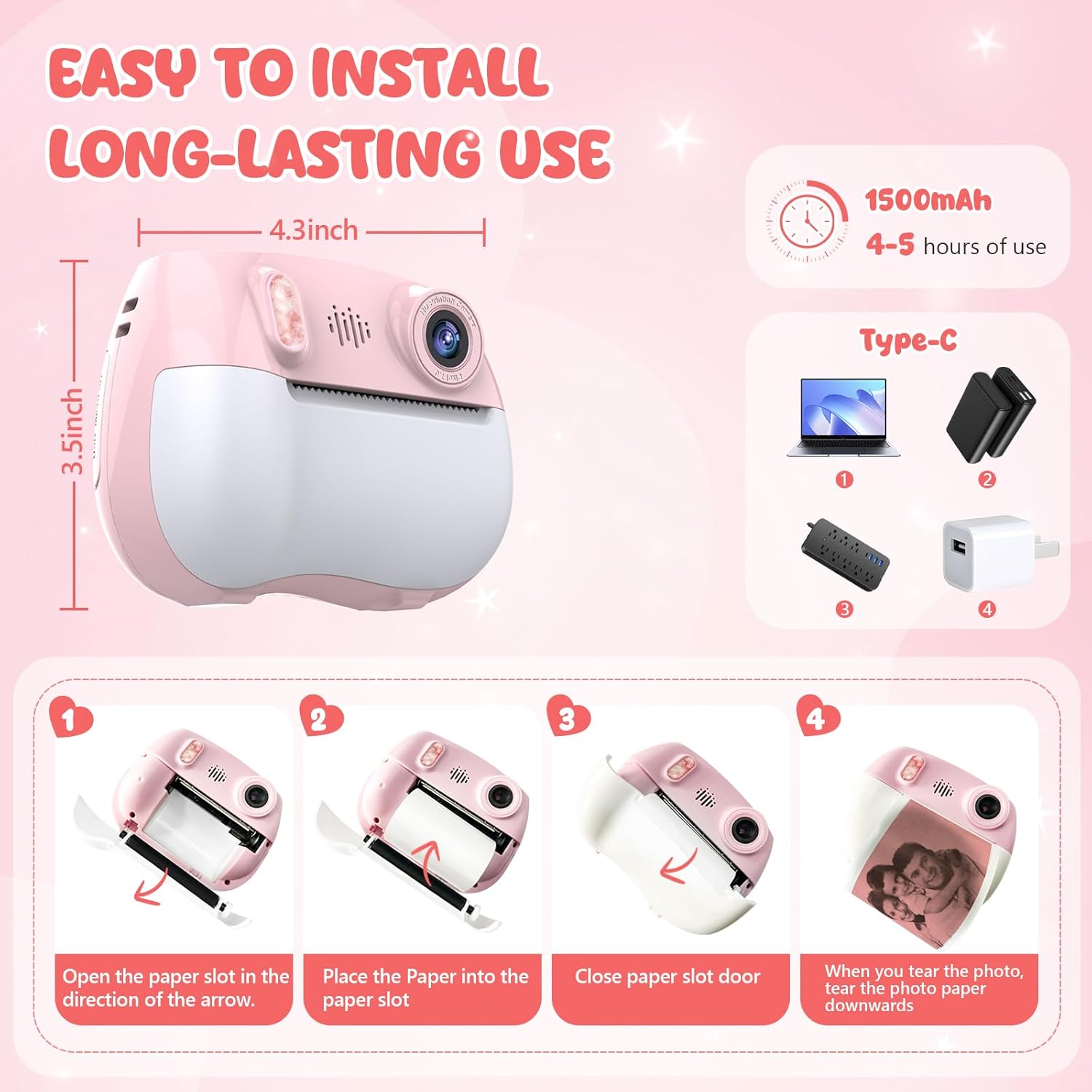 Kids Camera Instant Print 1080P Front Rear Dual Selfie - Toddler Cameras with Digital Video Games,32GB & 5-Colored Print Paper/ 250 Photos,Easy to Use & Great Toys Gifts for Boys Girls, Ages 3-12 Pink image 7 of 7 B0F3CVJ9LB