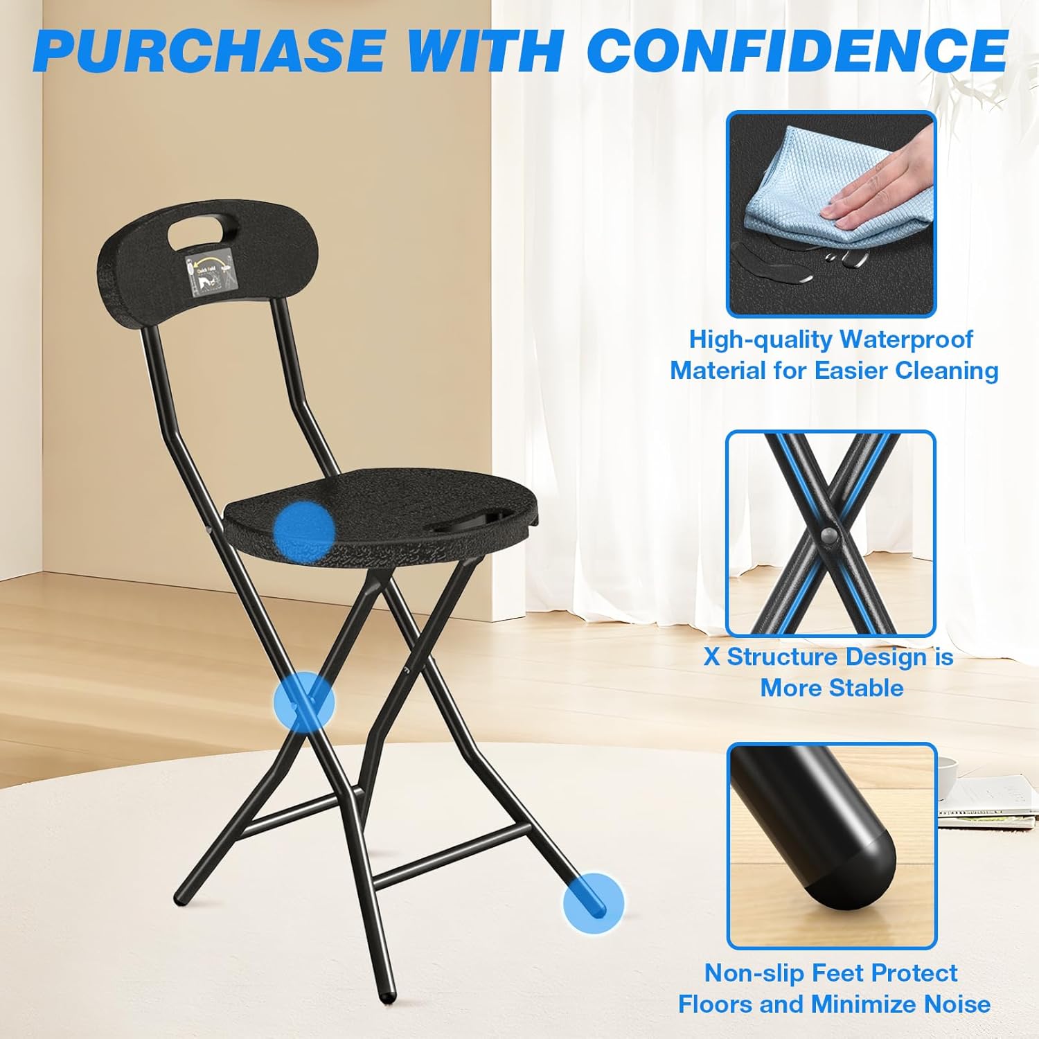Rfiver Folding Stool with Back, Heavy Duty Foldable Stools for Adults with Handle, Portable Folding Stool Chair (18 inch Set of 2)