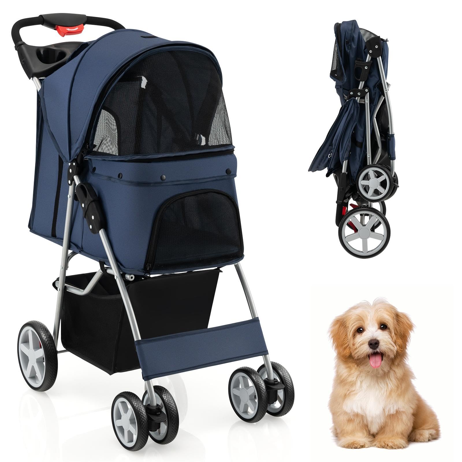 SOARS Cochecito para perros plegable hasta 15 kg, carrito para gatos con ventanas de red, soporte para bebidas y cesta de almacenamiento, cochecito para mascotas pequeñas (azul oscuro)