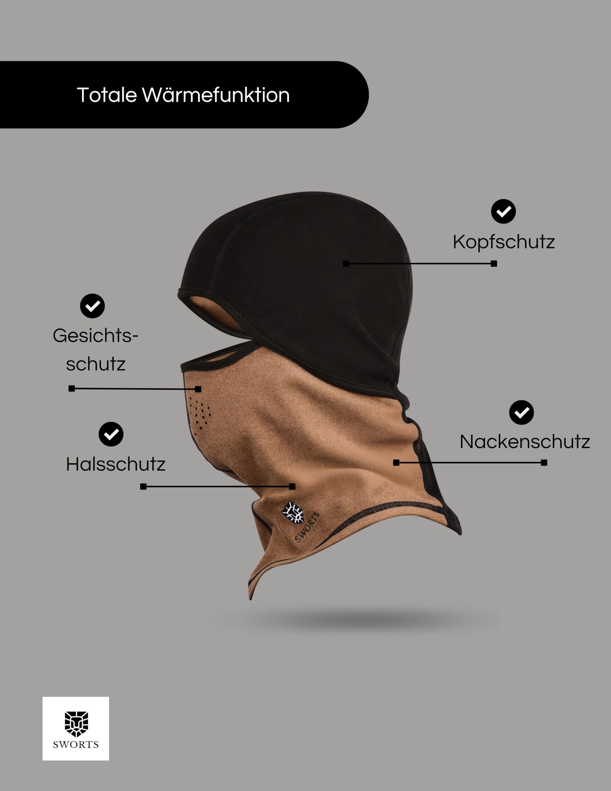 Cagoule thermique unisexe avec pores respiratoires pour sports d'hiver I Masque de ski en polaire ultra douce, marron, taille unique