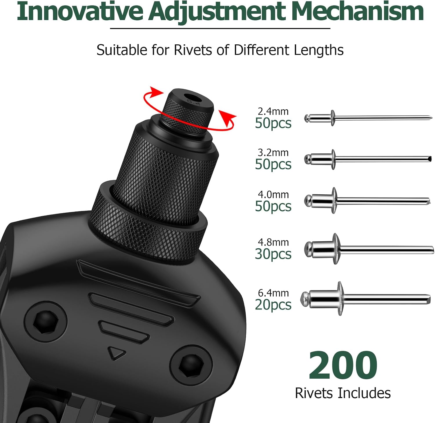 Heavy Duty 1/4" Rivet Gun Kit with 200 Blind Rivets, Two-hand Pop Rivet Gun with 5 Nosepieces, Professional Riveting Tool for DIY Enthusiasts & Homeowners Used in Automotive RV Gutter Boat Metal Work