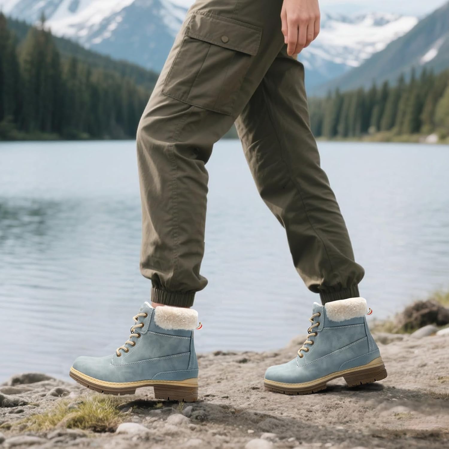 Snow Hiking Winter Boots for Women - Casual Brown Combat Work Boot - Non-slip Fur-Lined Ankle Boots - Fashion Boots Waterproof Leather Shoes - Image 2