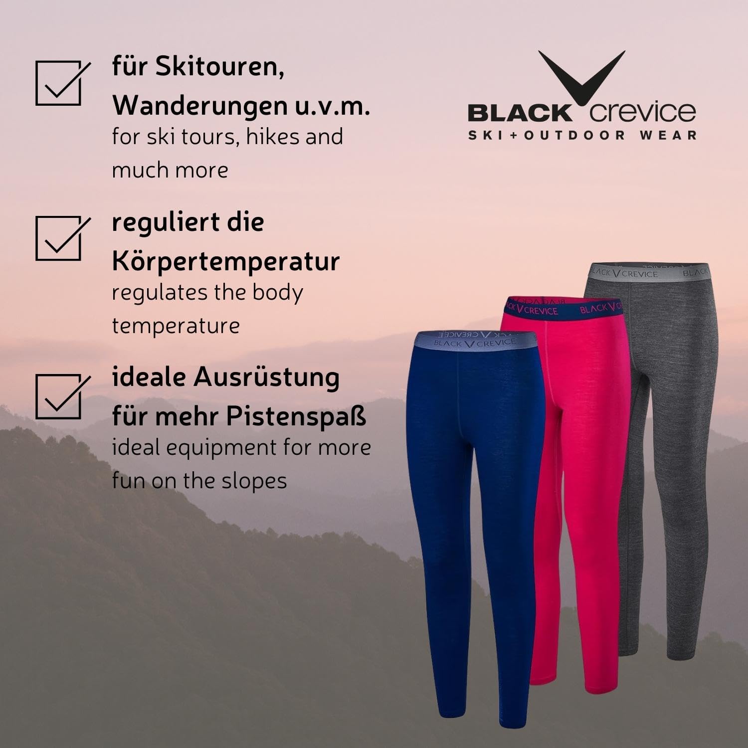 Black Crevice Leggings da Donna in Lana Merino I Intimo di pregio in Lana Merino da Donna I Intimo da Sci in Lana Merino da Donna in 70% Lana Merino e 30% PES I Pantaloni Intimi Termici