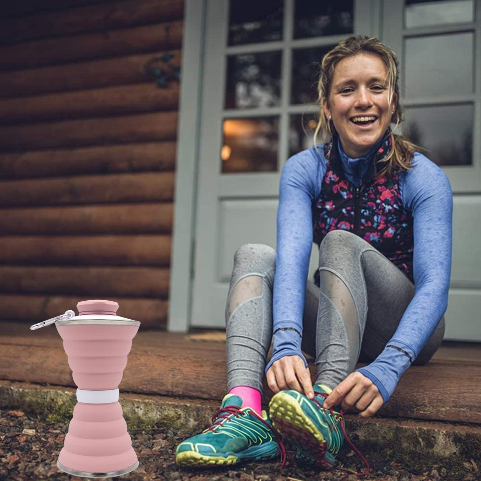 tazza pieghevole, 500 ml - Borraccia da viaggio pieghevole in silicone con moschettone, design anti-perdita for attività all'aperto e campeggio(Pink)
