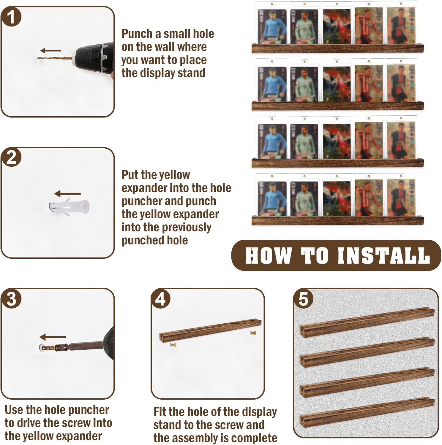 Sports Card Display Shelf For Wall Sports Card Stand Wood Baseball Card Display Frame Graded Trading Card Wall Display Graded Card Rack Holds 20 Trading Cards for Football Graded Card Collection