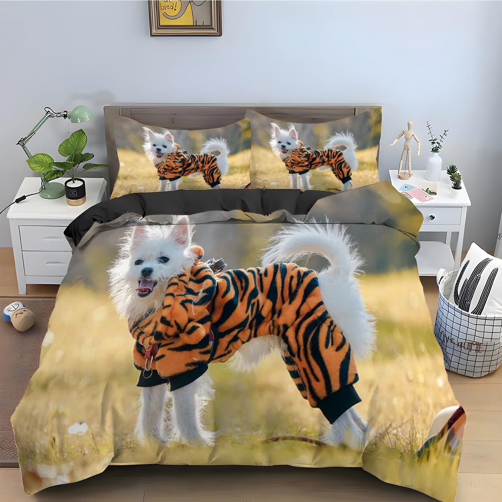 Housse de couette 160x200 anti-plis parure de lit microfibre zippée motif chien