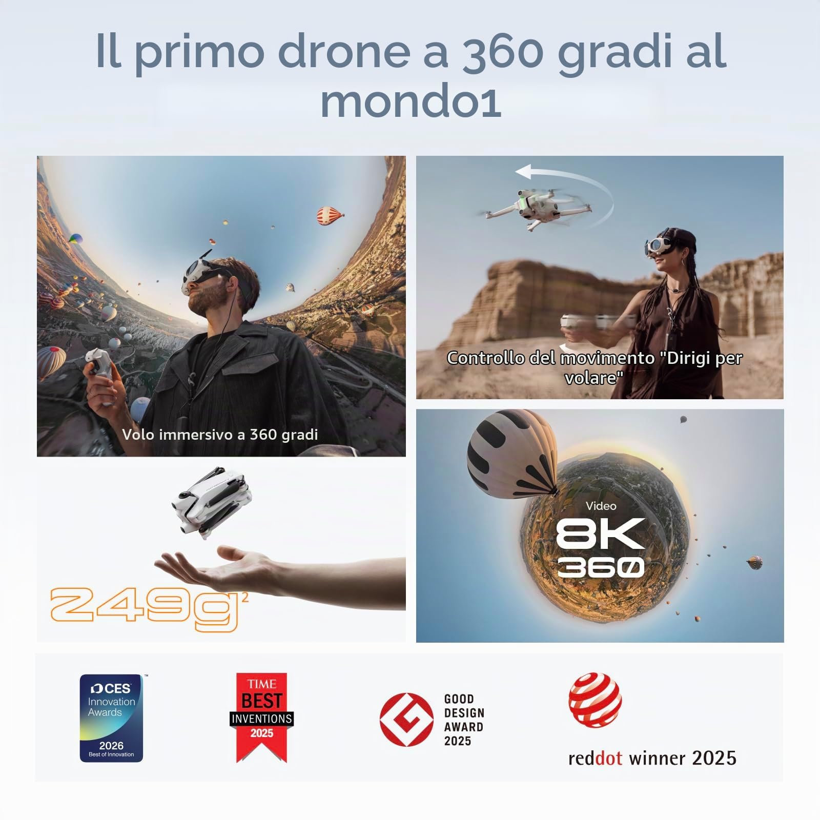 Antigravity A1 Pack Explorer (3 batterie) – Drone 360 8K immersivo, Punta e vola, anticollisione, 249 g e pieghevole, Deep Track, ritorno automatico, fino a 10 km, editing automatico