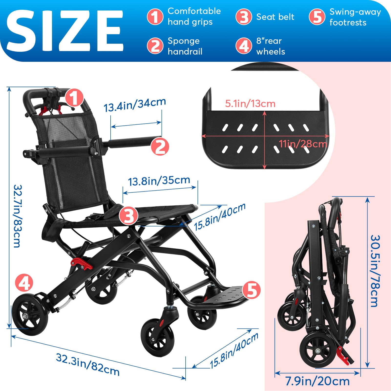 Sillas de ruedas de transporte ligeras y plegables para adultos de solo 15 libras con asa telescópica, cinturón de seguridad, sillas de ruedas portátiles de viaje para personas mayores