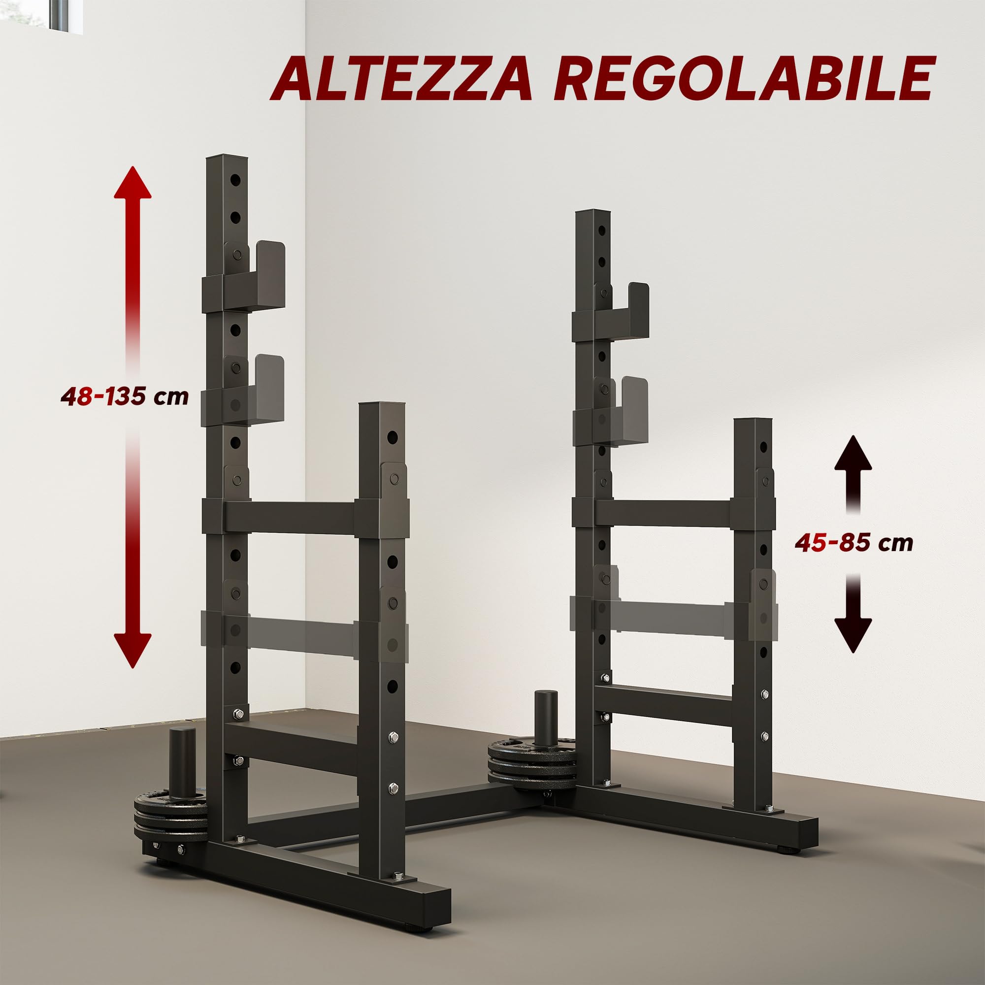 SPORTNOW Supporto Bilanciere Design a Doppio, Squat Rack Altezza Regolabile con Portadischi e Barre di Supporto, Rack Bilanciere Multifunzione per Palestra Casa Ufficio, Max 300 KG, Nero