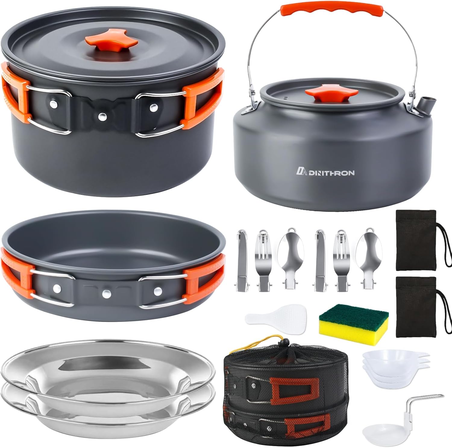 18-Piece Camping Cookware Set, Non-Stick Lightweight Pot Pan Kettle,Large 2.8L Pot,Aluminum Nesting Mess Kit with Stainless Steel Plates & Utensils for Outdoor Camp, Hiking & Picnic