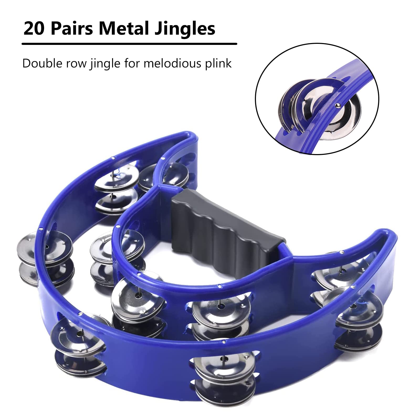 Lot de 2 tambourins à double rangée de 25,4 cm pour adulte, demi-lune, 20 grelots en métal, tambourins à percussion à main en plastique, pour adultes, église, karaoké, fête, noir et bleu
