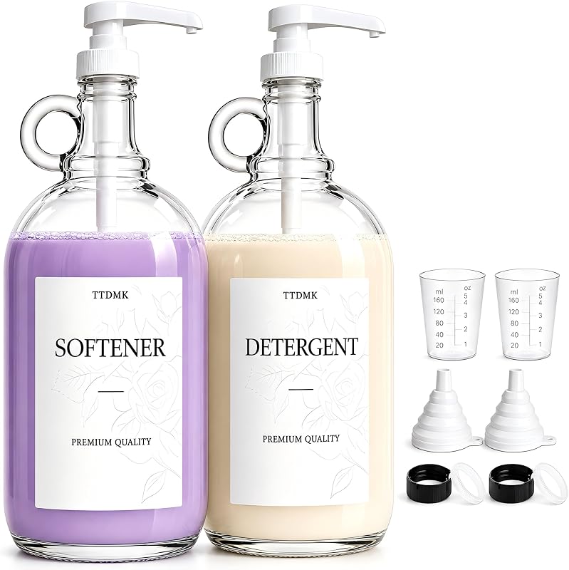 Paquete de 2 dispensadores de detergente para ropa de vidrio, botellas de medio galón de 64 oz | Incluye bombas, etiquetas impermeables, embudos y vasos medidores. Ideal para organizar detergente para ropa y suavizante de telas.