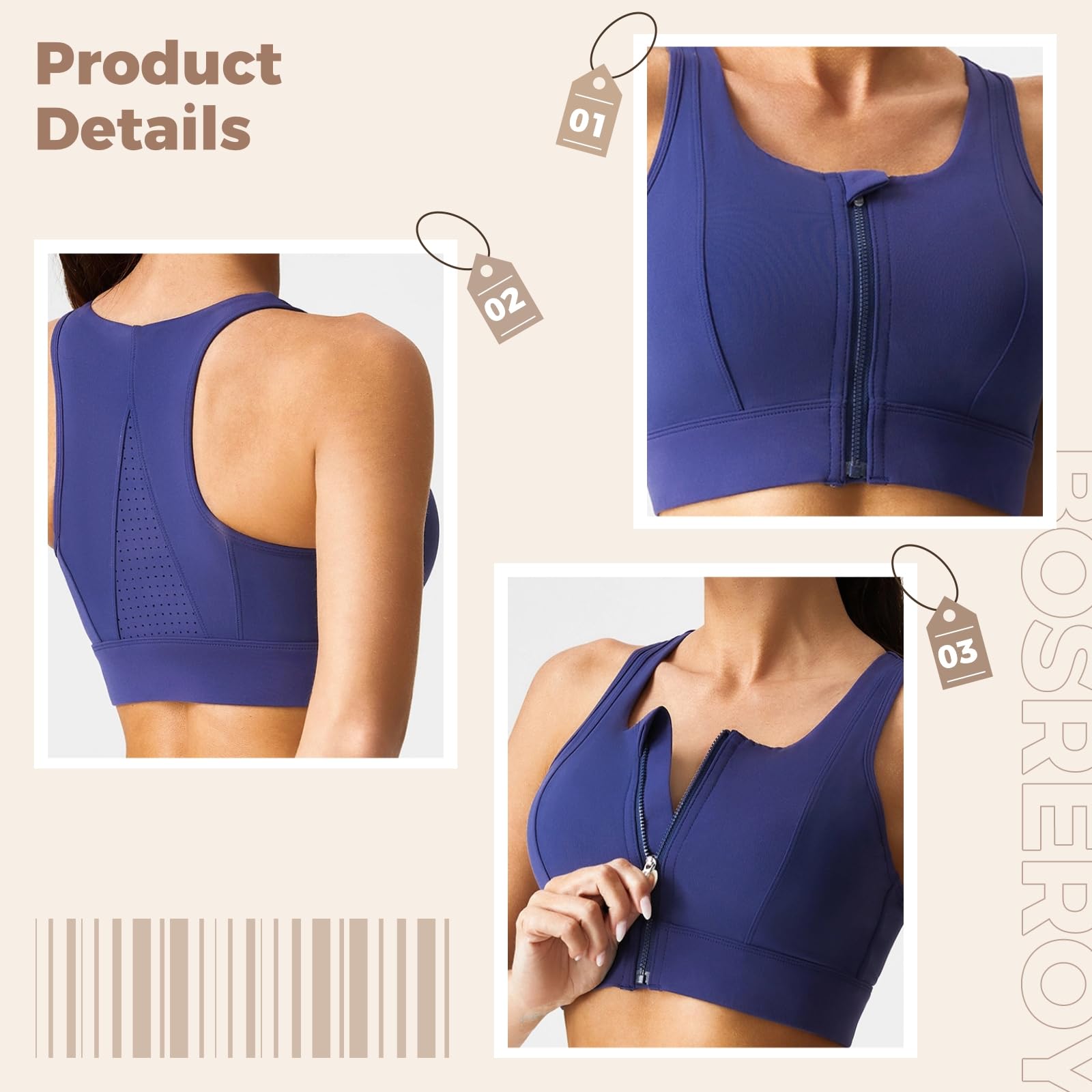 Biustonosz sportowy z zamkiem błyskawicznym z przodu dla kobiet, duży rozmiar, wysoce elastyczny nylon + spandex, bezszwowy, szerokie paski dla wygody, do XXL, NIEBIESKI, 3XL