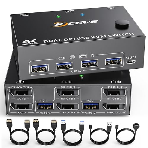 Miniatura 1 de Displayport KVM Switch 2 Monitores 2 Computadoras, 8K 60Hz 4K 120Hz DP USB 3.0 KVM Switch para 2 computadoras Comparte 1 monitor y 4 puertos USB