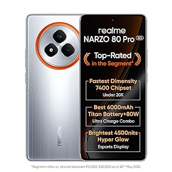 realme NARZO 80 Pro 5G (Speed Silver,12GB+256GB) | Segment's 1st MediaTek Dimensity 7400 Chipset | 6000mAh Titan Battery + 80W Ultra Charge | 4500nits HyperGlow Esports Display | IP69 Waterproof - image, photos