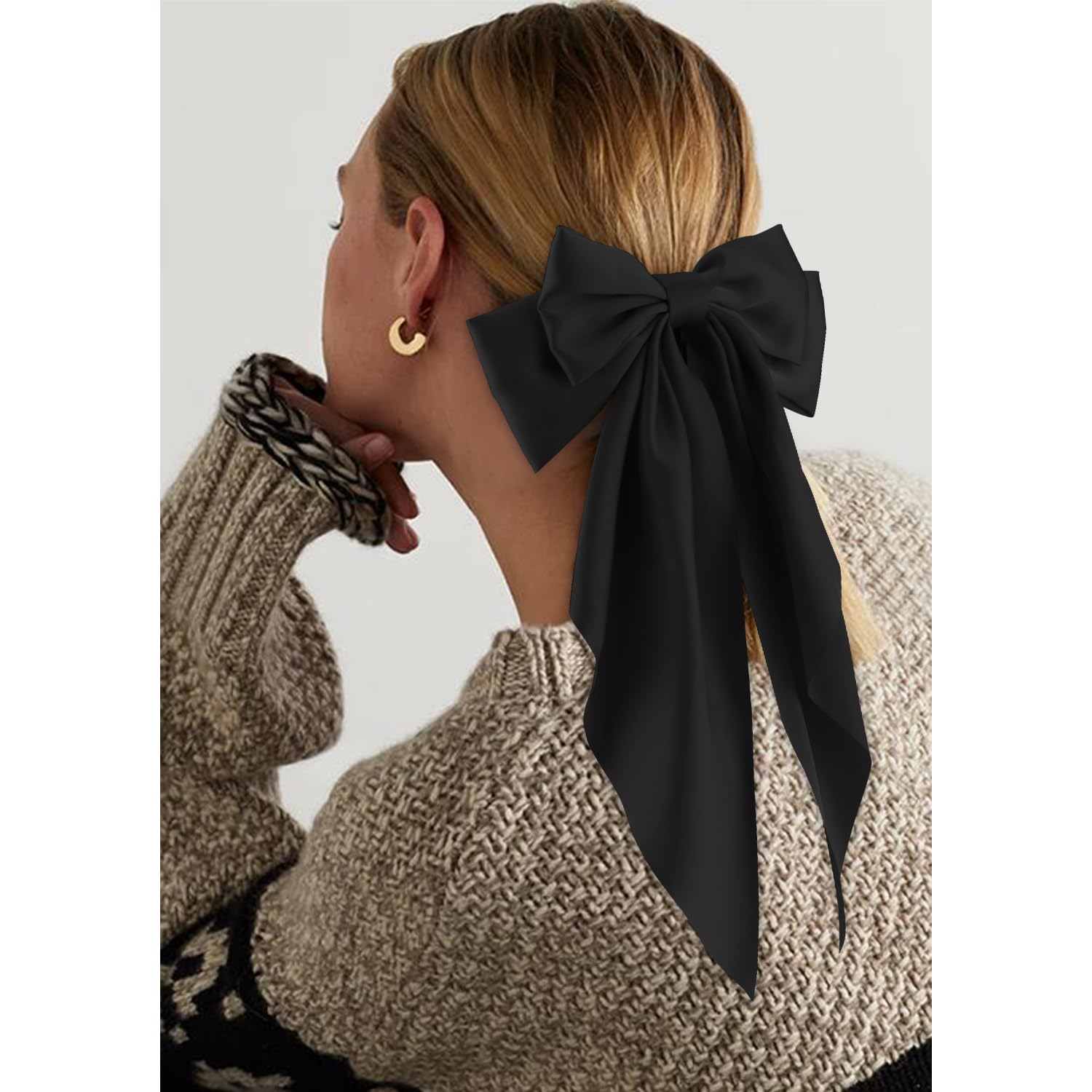 ATODEN Lazos para el cabello para mujer, lazo de satén sedoso, 4 cintas para el cabello de gran tamaño, lazos de cola larga, clips de metal para el cabello, accesorios para el cabello para niñas,
