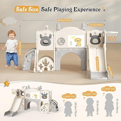 Miniatura 8 de Tobogán para niños, juego 11 en 1 para niños pequeños, nueva actualización con tobogán para niños, tabla de dibujo, juego de golf, aro de baloncesto