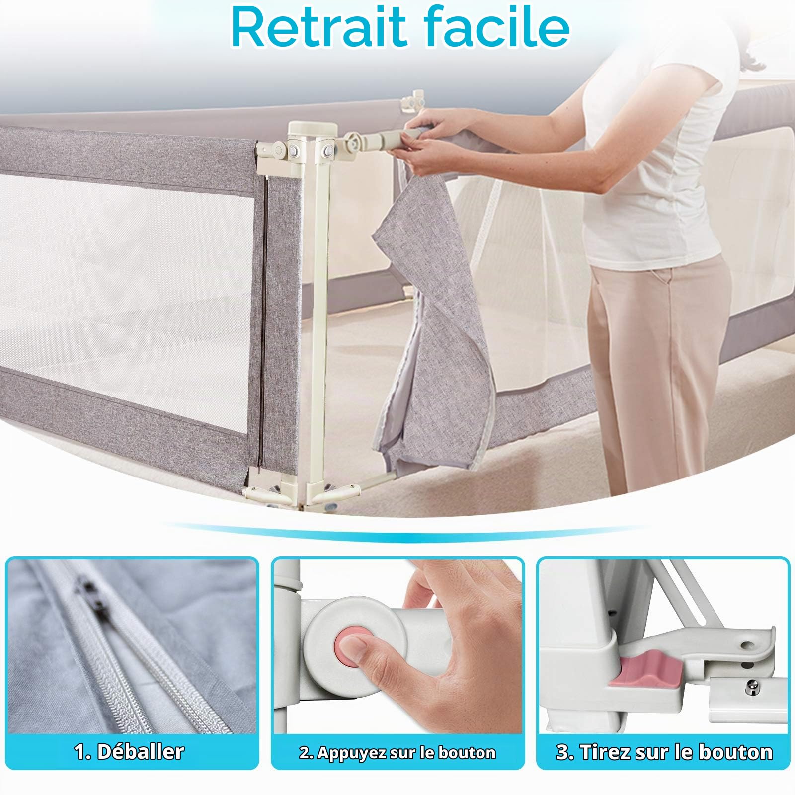 LZQ Barrière de Lit Enfants Bébés, Garde-Corps de sécurité avec Housse antidérapante, Protection Bord de Lit pour Sécurité des Enfants Bébés Portable Bedrail 200 x 70 x 25 cm (200 cm) Gris