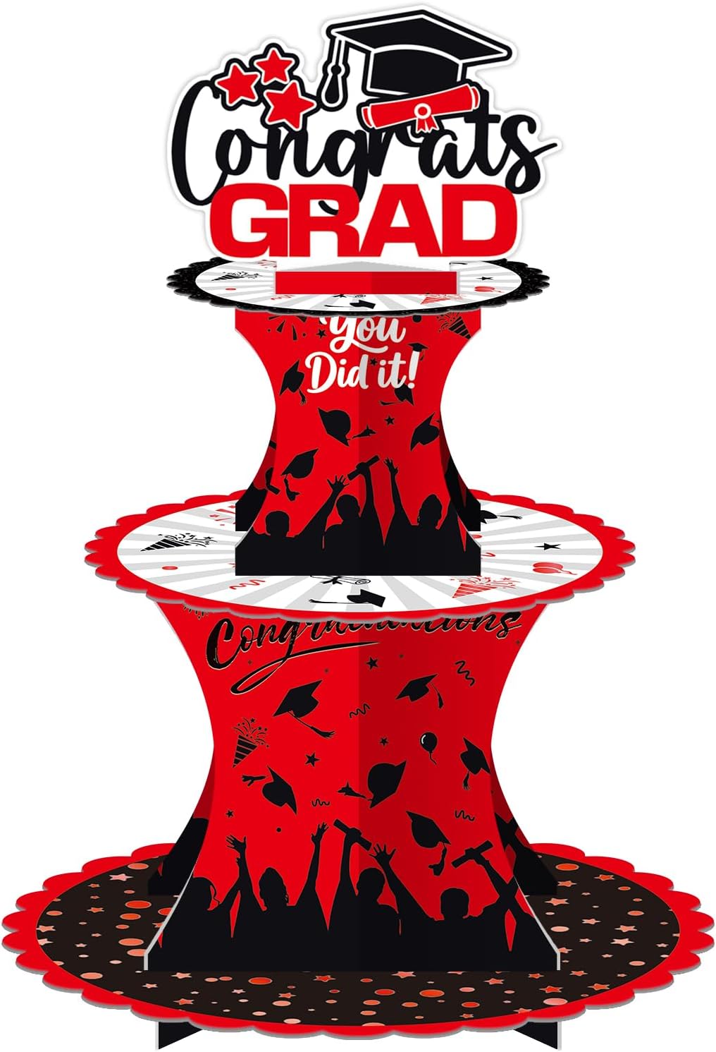 Graduation Cupcake Stand Decoration, 3 Tier Congrats Grad Party Cupcake Holder Tower, Cardboard Grad Theme Dessert Cookies Stand for Graduation Party Supplies Favors (Red & Black)