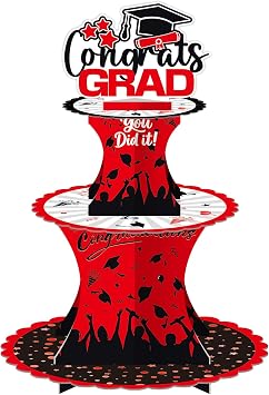 Graduation Cupcake Stand Decoration, 3 Tier Congrats Grad Party Cupcake Holder Tower, Cardboard Grad Theme Dessert Cookies Stand for Graduation Party Supplies Favors Red & Black