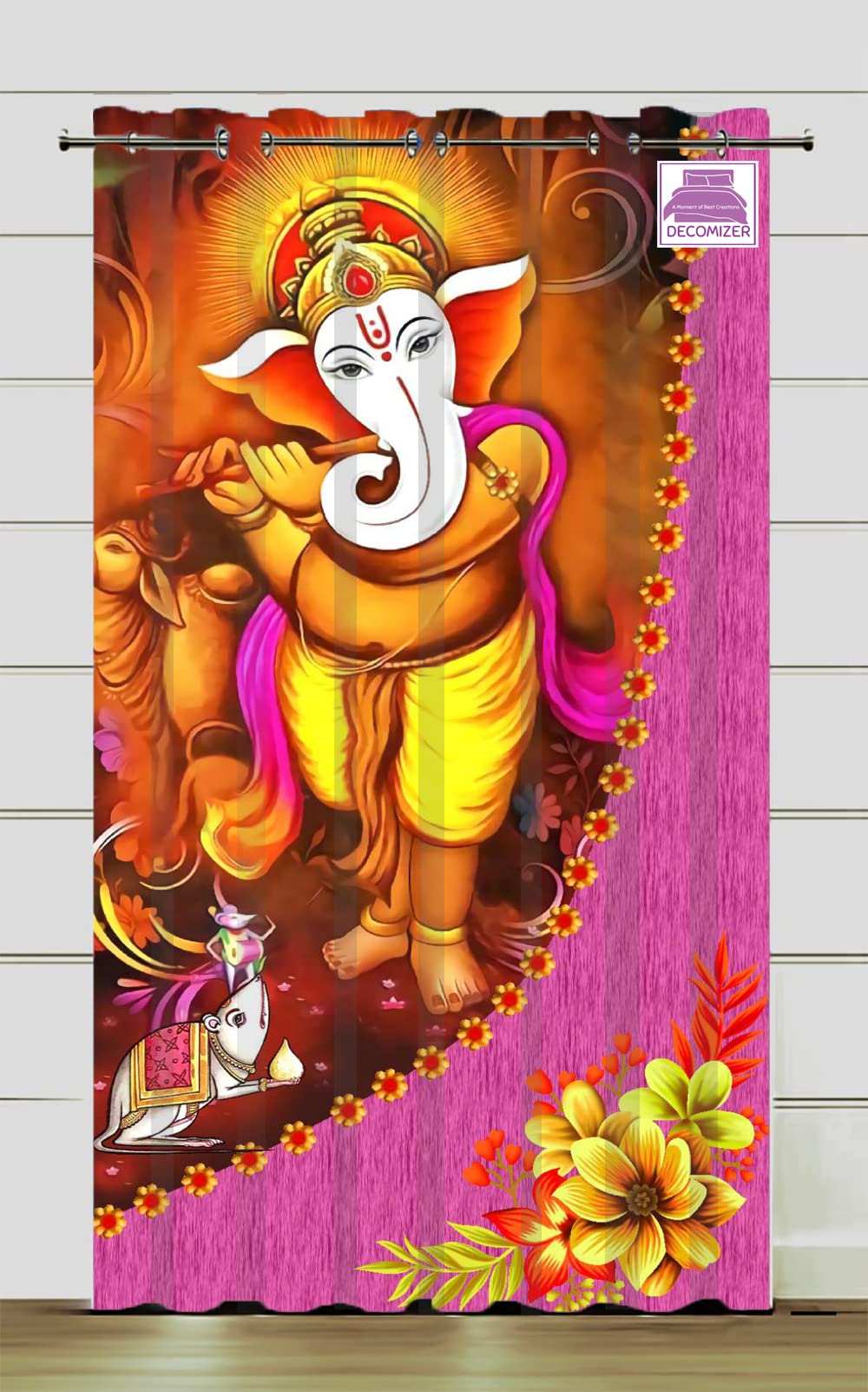 DECOMIZER 9Ft Long Door Curtain Pack of 1 Pc | 3D God Ganesh Bansuri Digital Printed Home Furnishing Polyresin Curtain for Indian Festival- Diwali, Mandir,Temple and Pooja Ghar | 4 x 9 Feet, Set of 1