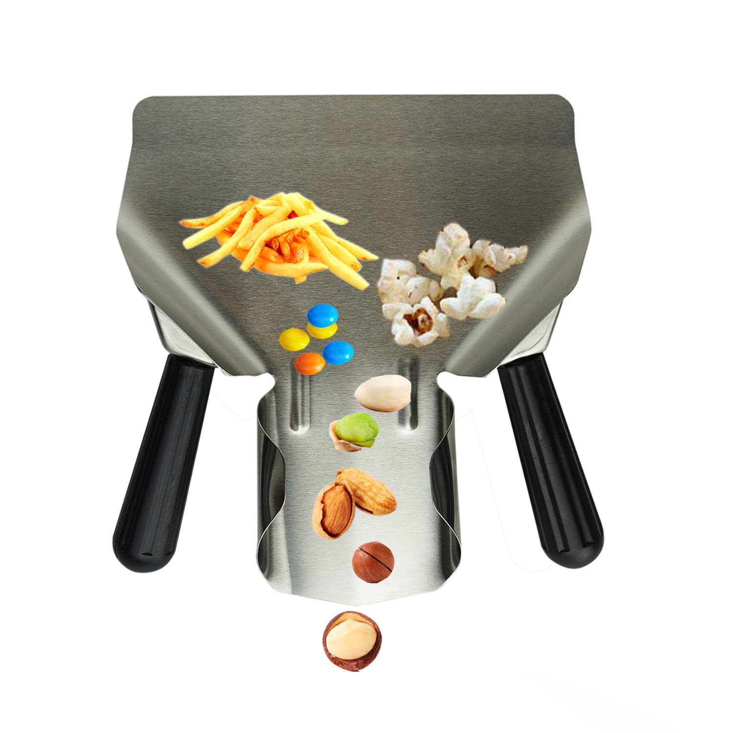 Stainless Steel French Fry Bagger, Commercial Popcorn Scoop, Potato Chip Serving Scooper, Food Shovel - for Snacks, Ice, Candy, Desserts, Dry Goods -with Removable Dual Handle (Right&Left)