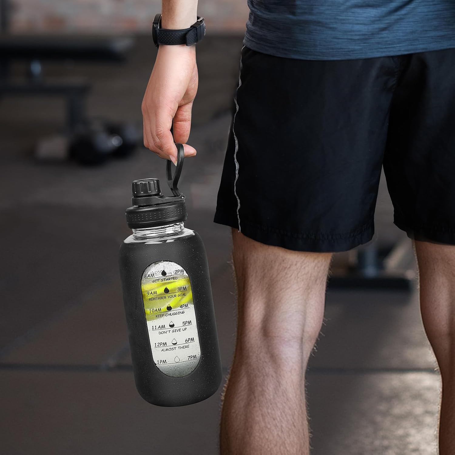 40oz Glass Water Bottle with Handle Lid Time Marker Motivational Sport Water Jug with Silicone Sleeve Water Flask Canteen Wide Mouth Water Bottle for Gym Workout Travel Office Home Everyday Hydration - Image 7