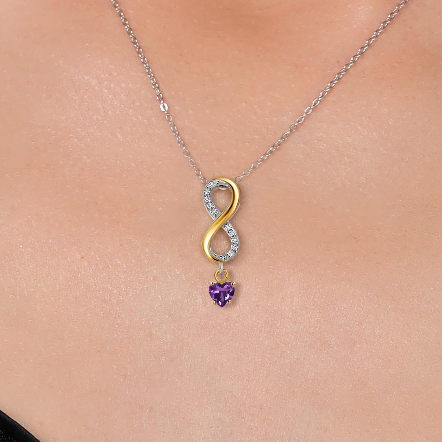 Gem Stone King 925 Silver and 10K Yellow Gold Purple Amethyst and Lab Grown Diamond Pendant Necklace for Women | 0.58 Cttw | Gemstone February Birthstone | Heart Shape 4MM | With 18 Inch Silver Chain - Image 3