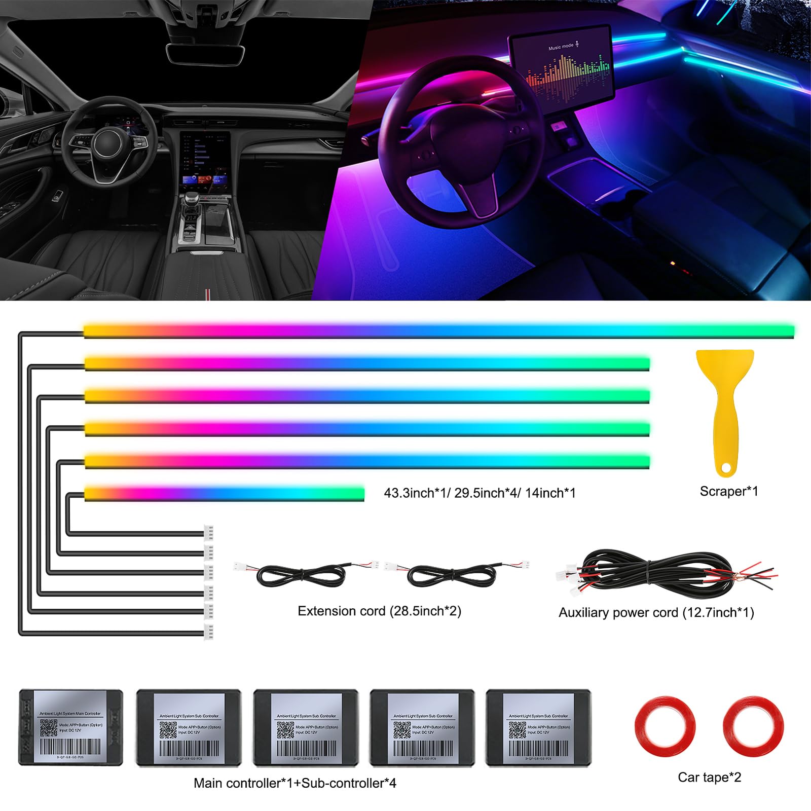 Dreamcolor Acrylic Interior Car LED Strip Light with Wireless APP, RGB 6 in 1 with 175 inches 593 LEDs Fiber Optic Strip Lights for Car, Dynamic Chasing Music Sync Neon Car Ambient Lighting Kits