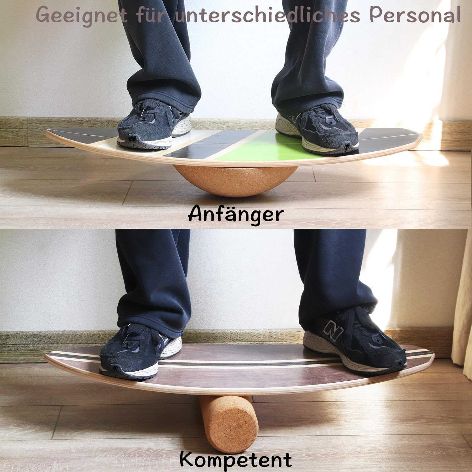 Holz Balance Board mit Rolle & Halbkugel - Balancierbrett für Gleichgewichtstraining - Erwachsene - Inkl. Anleitung - Verbessert Koordination & Muskelkraft
