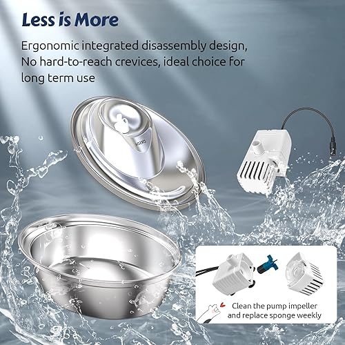 Miniatura 4 de ORSDA Fuente de agua para gatos, fuente de agua para mascotas de acero inoxidable de 2 litros, dispensador automático de agua para perros con 12