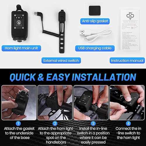 Miniatura 7 de Bocina de bicicleta con luz, 110 dB, bocina eléctrica para bicicleta, 6 sonidos y 4 modos de luz, volumen de brillo ajustable, recargable por USB,