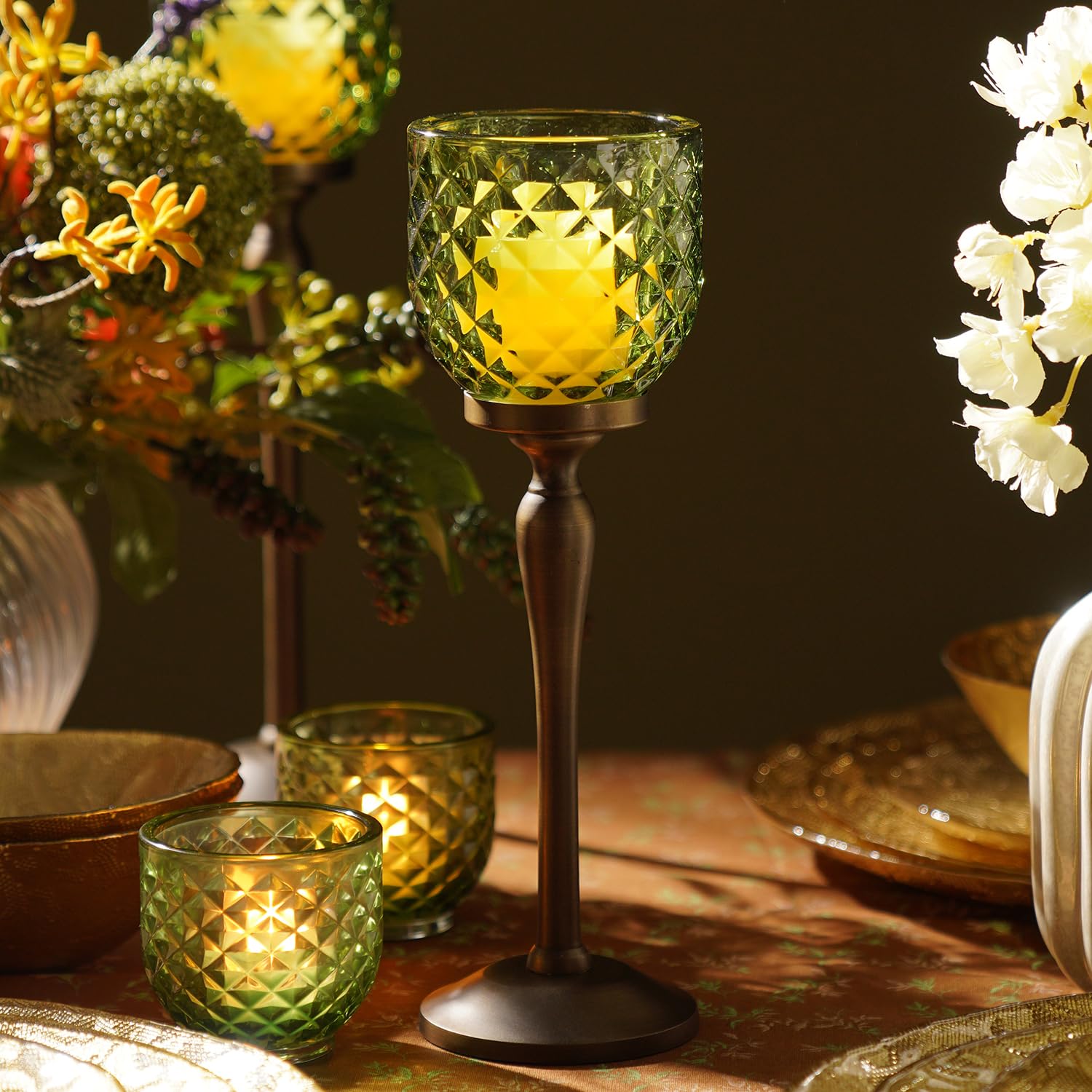 Pure Home + Living Green Diamond Cut Hurricane - Small Candle Holders for Home Decor with Glass Hurricane, Dining Table Decor, Candle Holder, Decorative Candle Stands for Home Decor-image-43