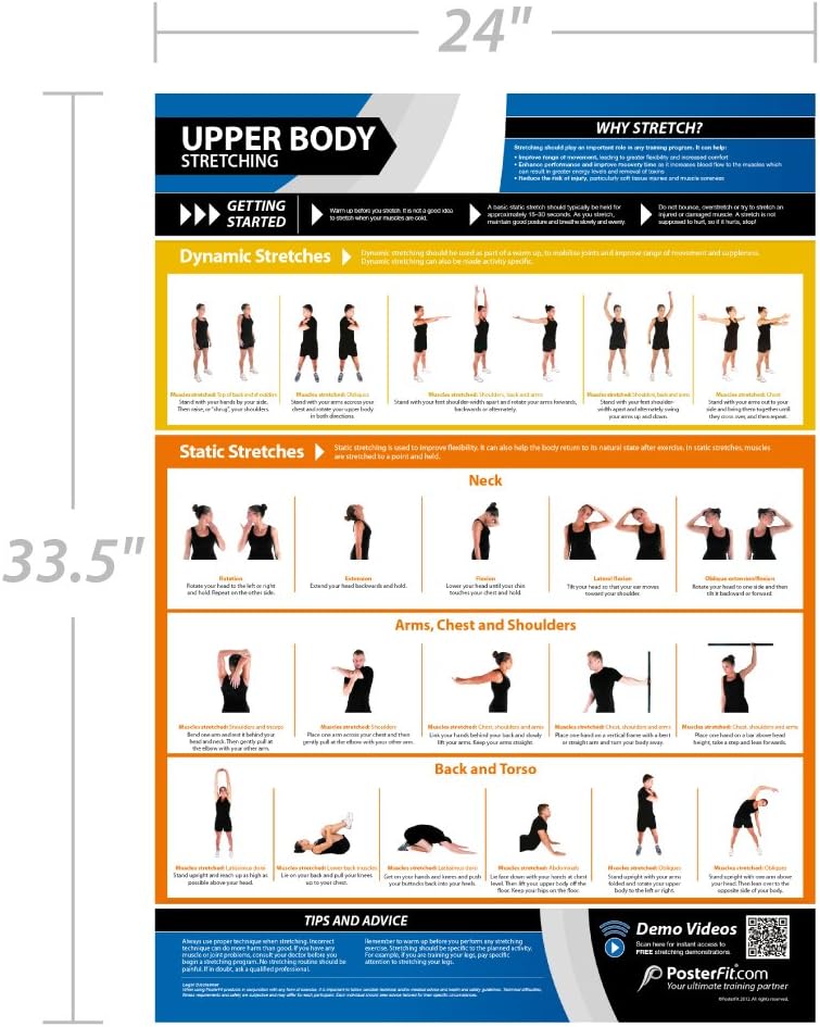 Upper Body Stretching Gym Poster - EXTRA LARGE 33” x 23.5” - Laminated - Dynamic & Static Stretches - Home & Gym Poster - Includes Online Video Training Support - By Posterfit.