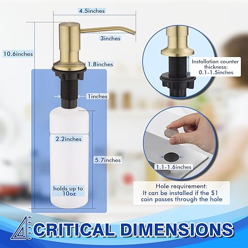 Miniatura 6 de WEWE - Dispensador de jabón dorado para fregadero de cocina, dispensador de jabón dorado cepillado con boquilla larga y bomba de jabón dorada,