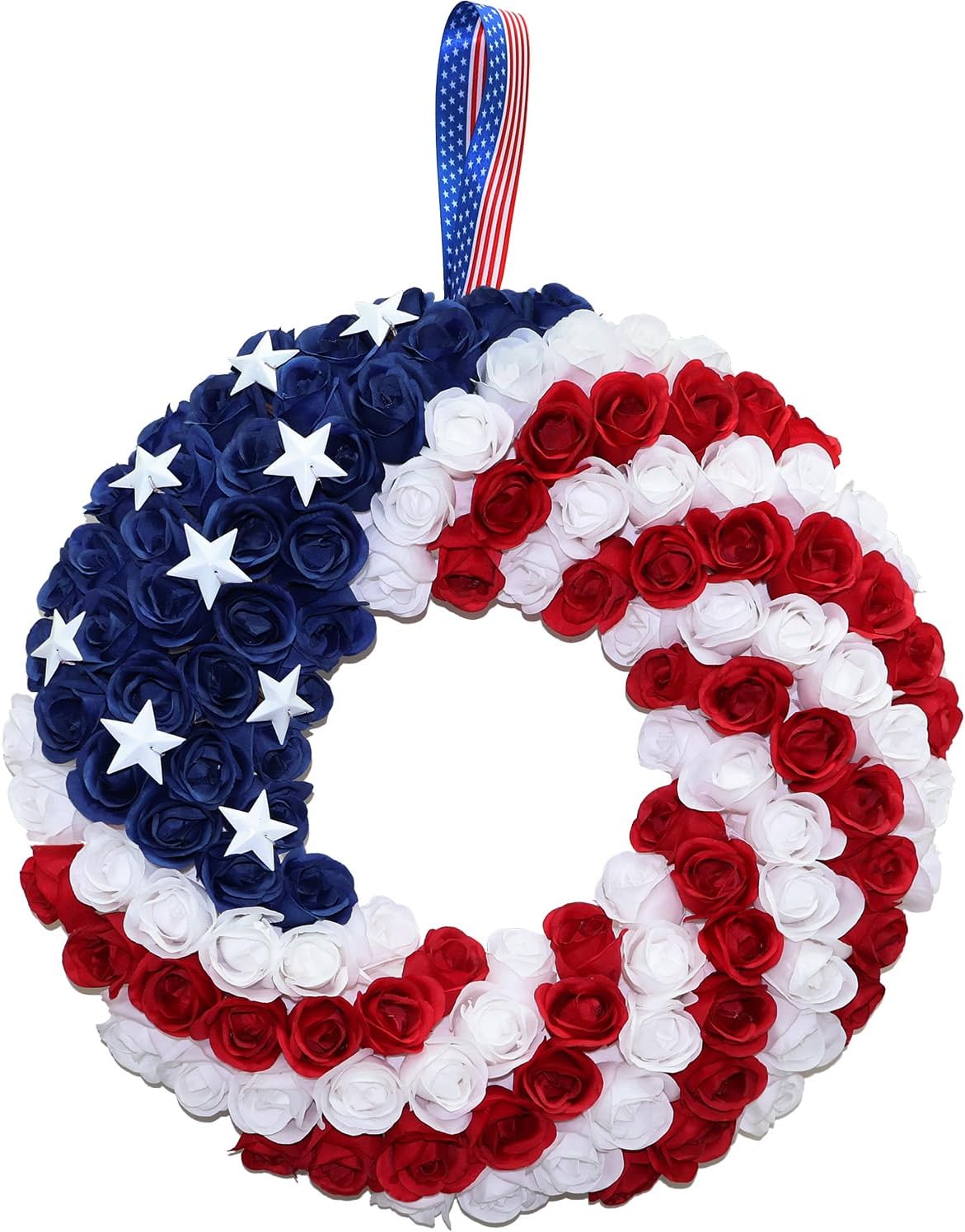 Silk Roses 4th of July Wreath - Red White Blue Patriotic Wreaths for Front Door, Memorial & Independence Day Decorations, Americana Decor for Porch Door Wall Window Indoor Outdoor (18“)