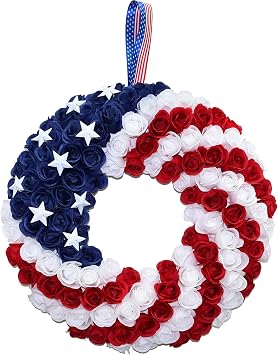 Silk Roses 4th of July Wreath - Red White Blue Patriotic Wreaths for Front Door, Memorial & Independence Day Decorations, Americana Decor for Porch Door Wall Window Indoor Outdoor 18
