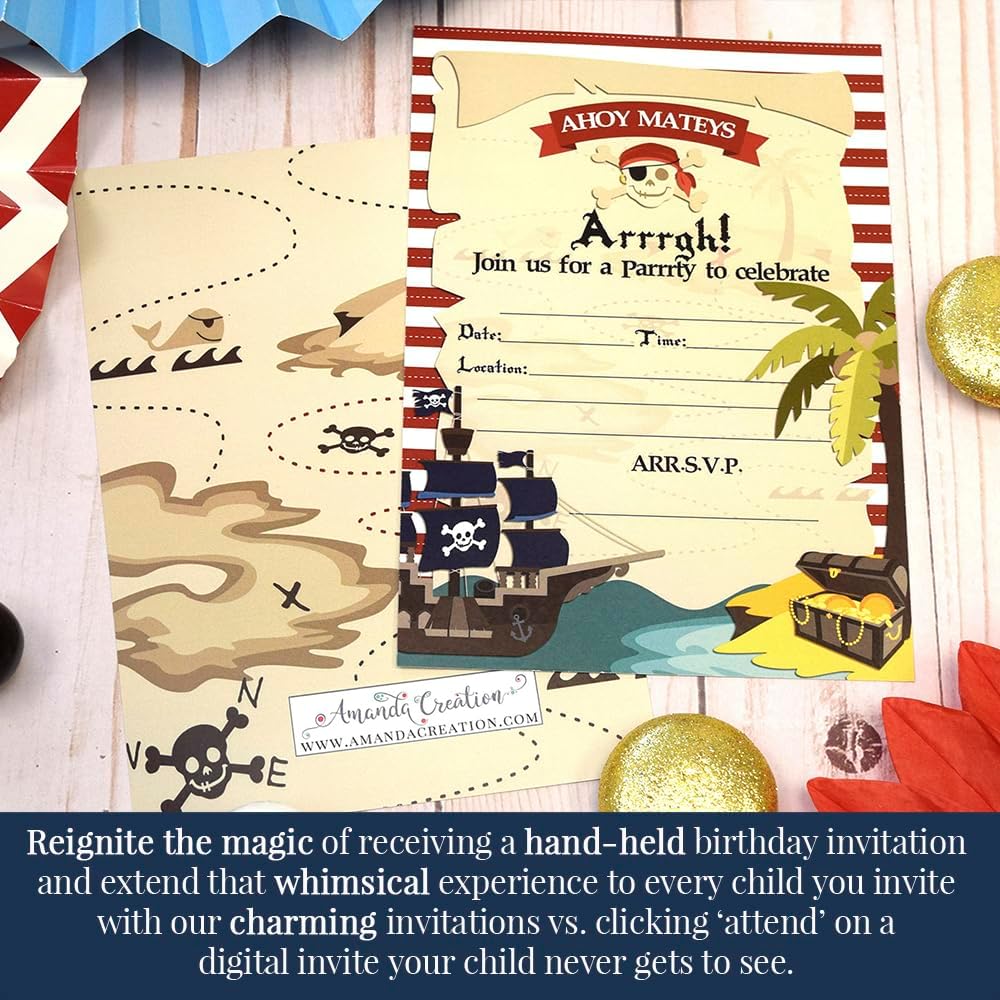 Amanda Creation Pirate Treasure Map Birthday Party Fill in Invitations set of 20 with envelopes