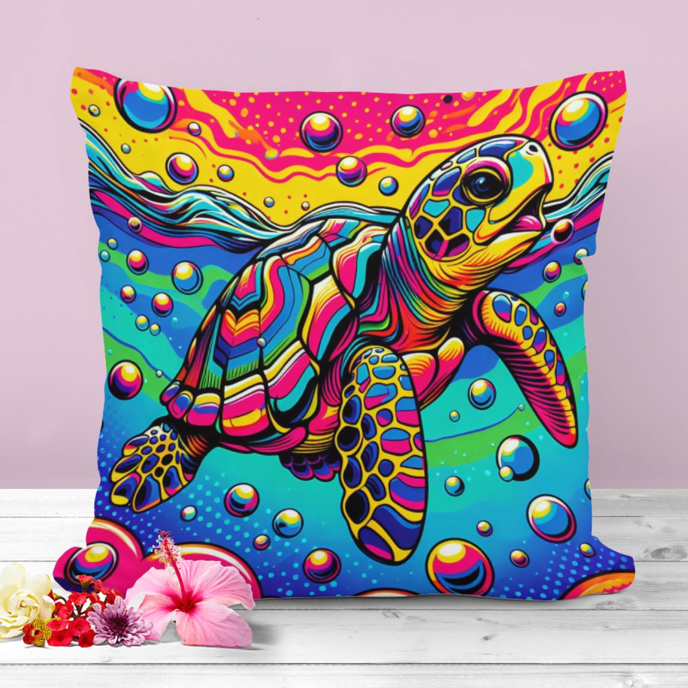 The Beach Stop Pop Art Colourful Neon Sea Turtle Multicoloured Accent Cushion Cover | Home Decor Inspo | Unique Gift Idea for Animal Lovers | 45x45cm 18x18” | Neon Turtle
