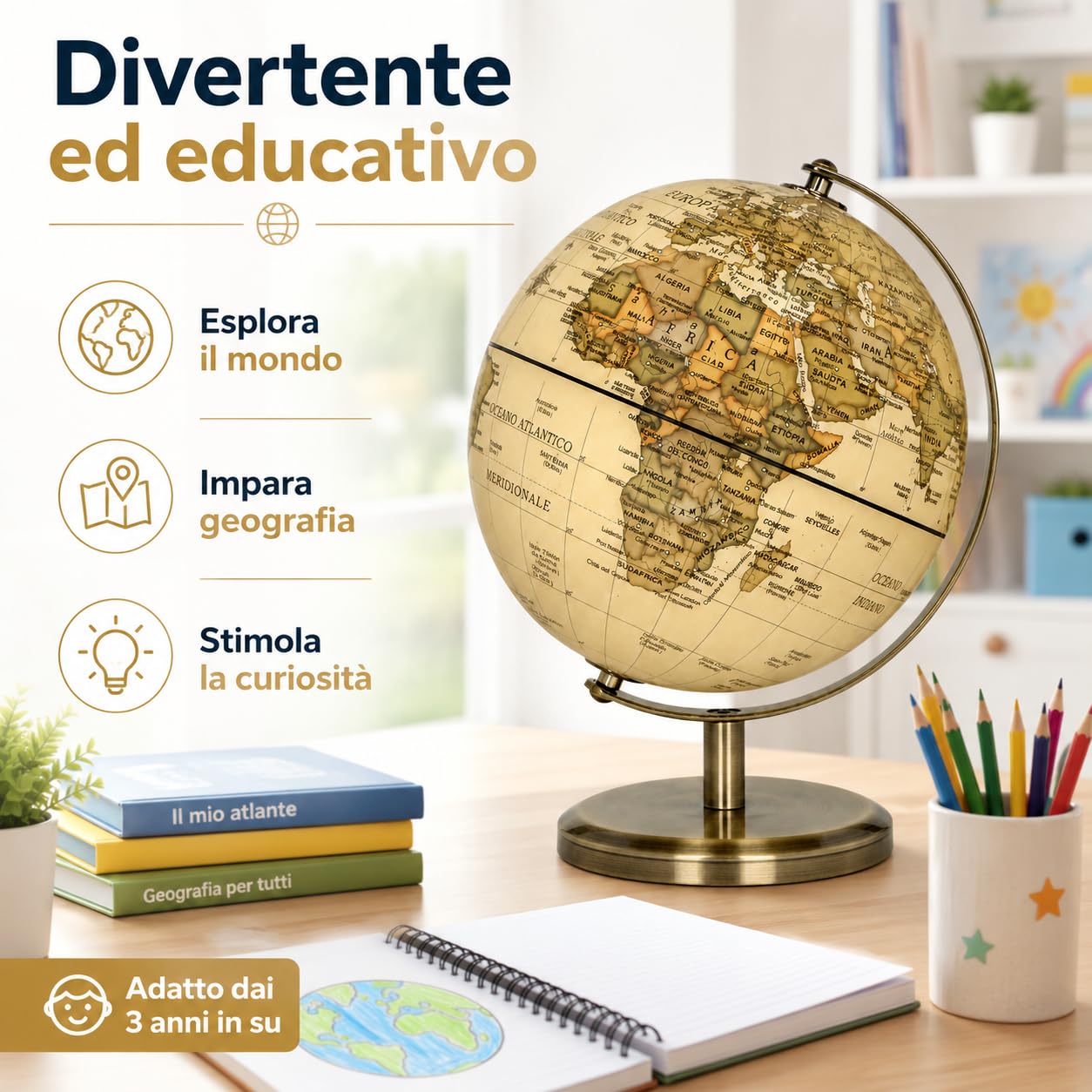 Exerz Mappamondo Antico 14cm Mappa Italiana Supporto Metallo Bronzo | Compatto per scrivania studio e libreria con finitura ideale per bambini adulti casa ufficio e regali Globo Terrestre Antico