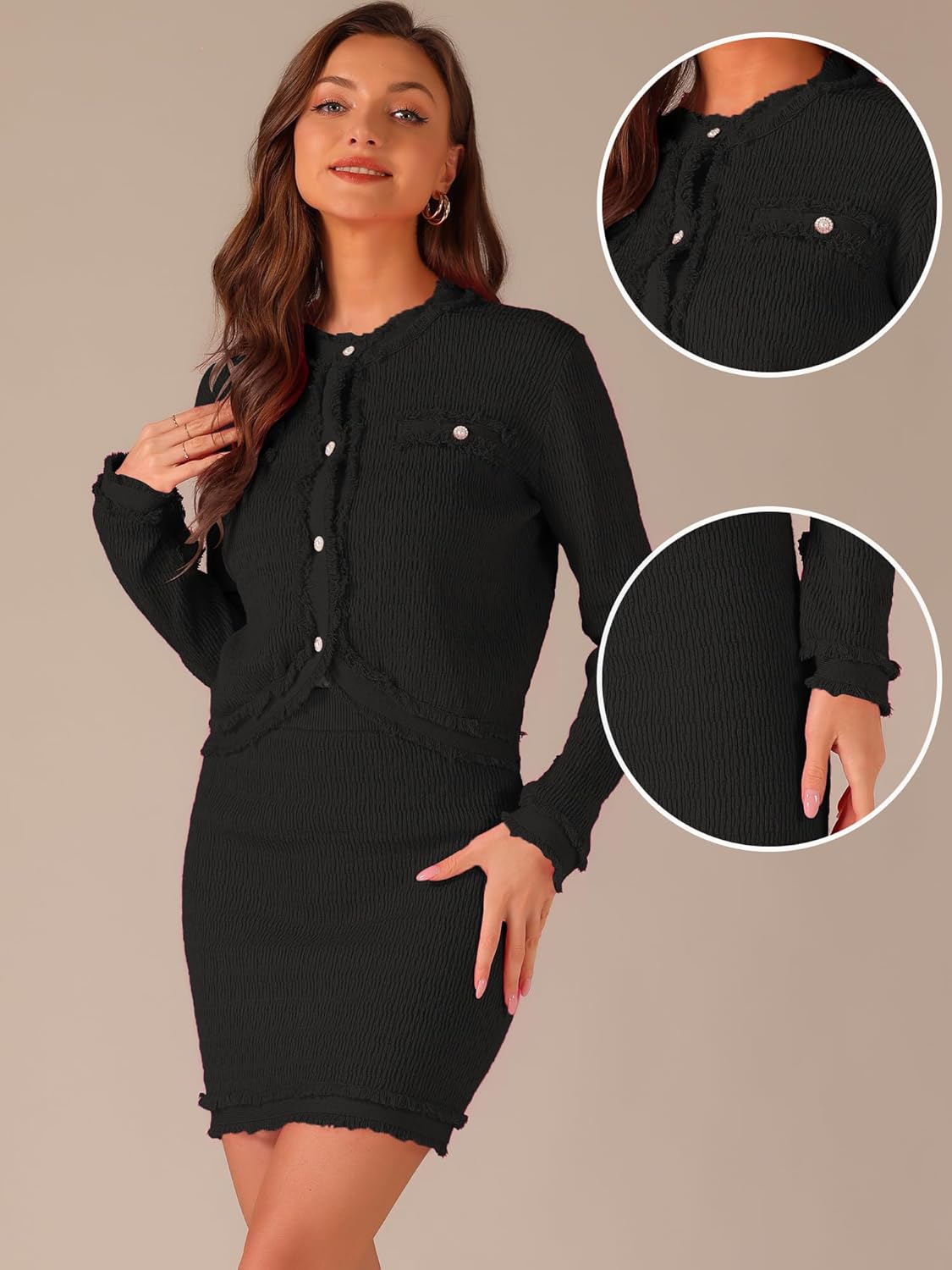 Allegra K 2 Piece Sweater Skirt Set for Women Business Casual Outfit Knit Long Sleeve Short Jacket Skirt Set - Image 2