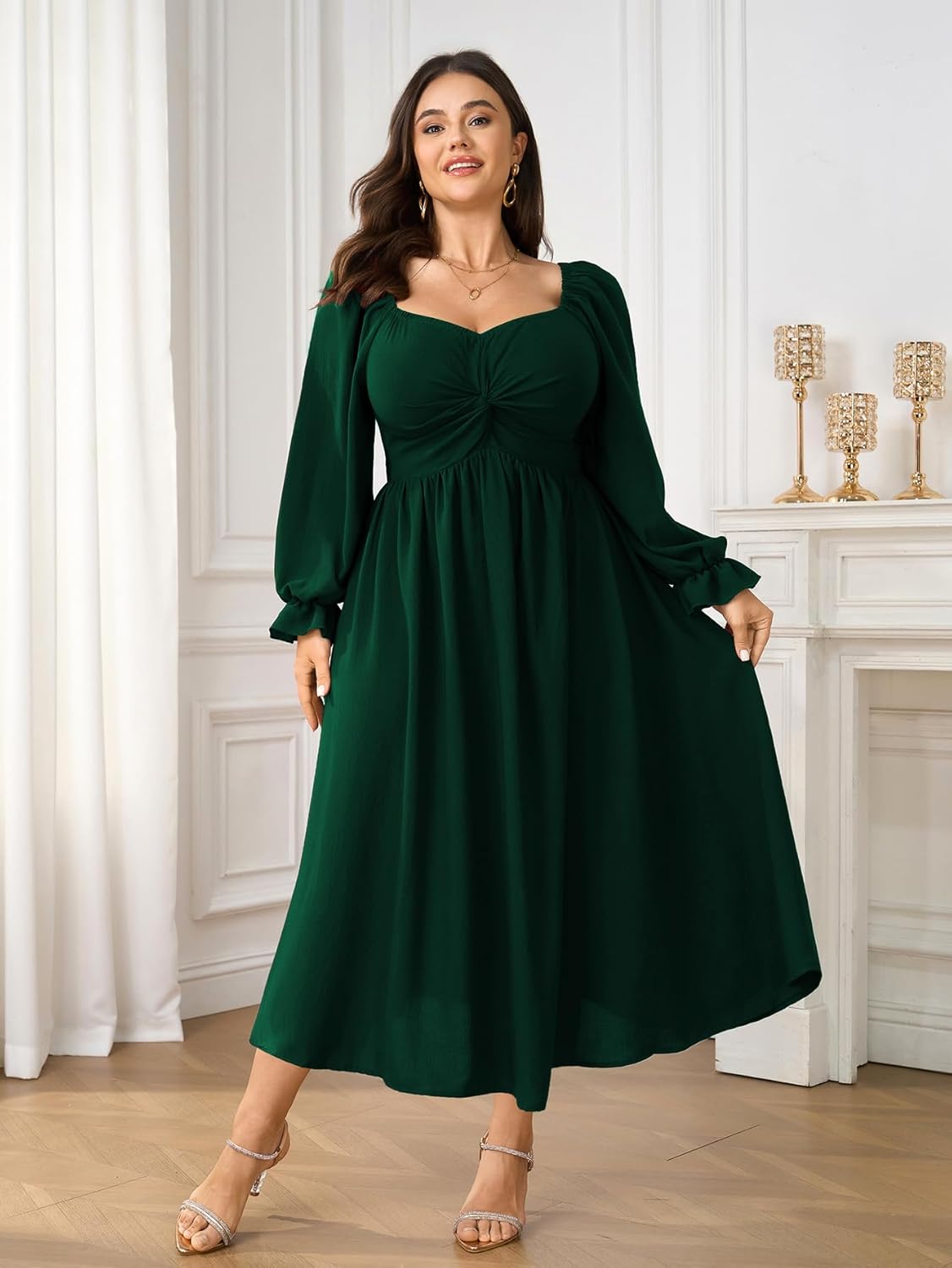 SCOMCHIC Women's Plus Size Wedding Guest Cocktail Dresses Fall Sweetheart Neckline Long Sleeve A Line Formal Maxi Dress - Image 2