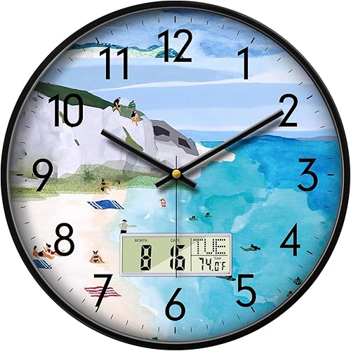 Reloj de pared silencioso con temperatura día y fecha, montaña azul y mar playa, reloj de cocina sin tictac, pantalla grande digital, funciona con