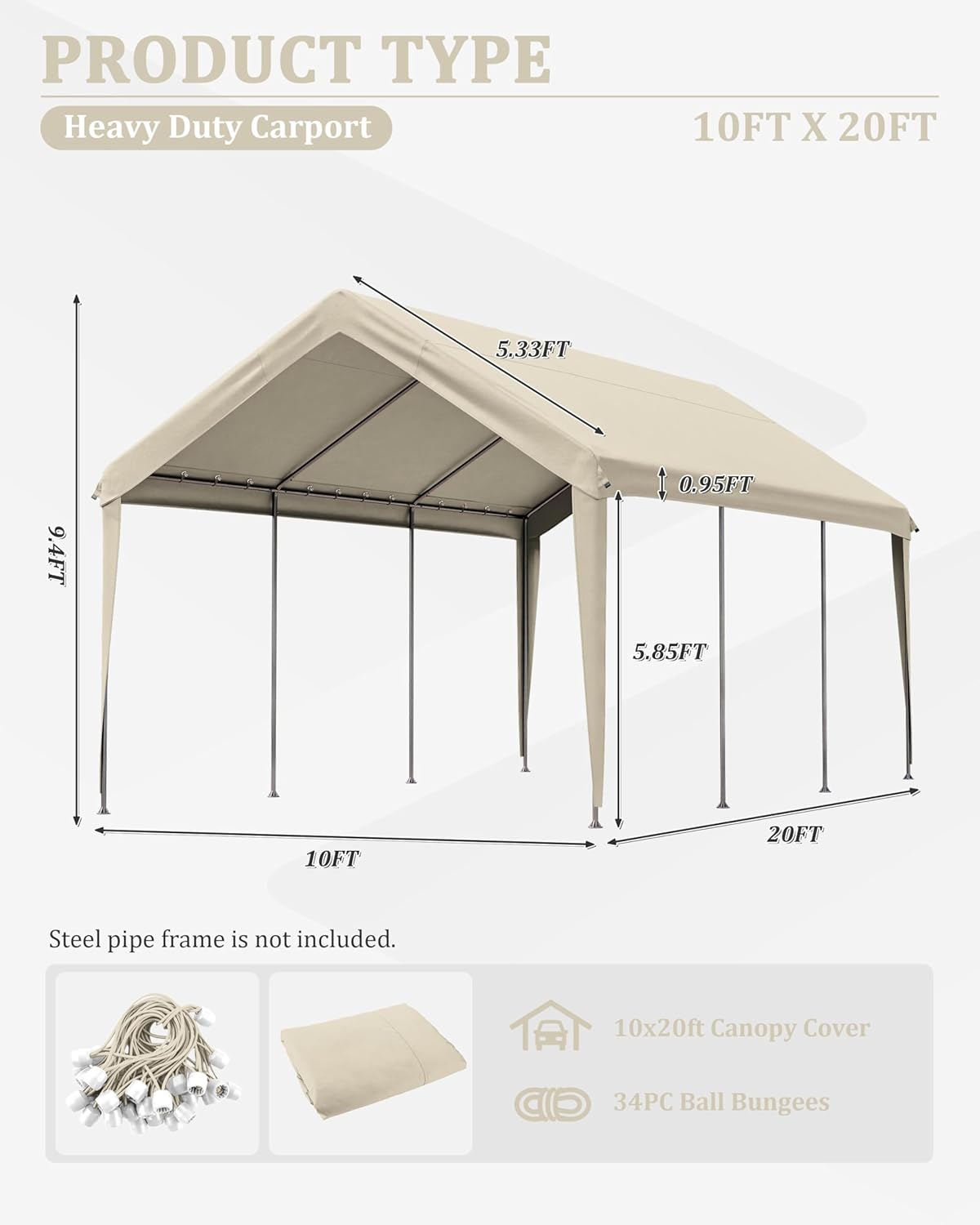 10 X 20 Ft Canopy Replacement Cover Heavy Duty Waterproof UV & Tear Resistant Car Tarp Canopy Tent Garage Top Shelter Oxford Cover with Ball Bungees (Frame is Not Included)