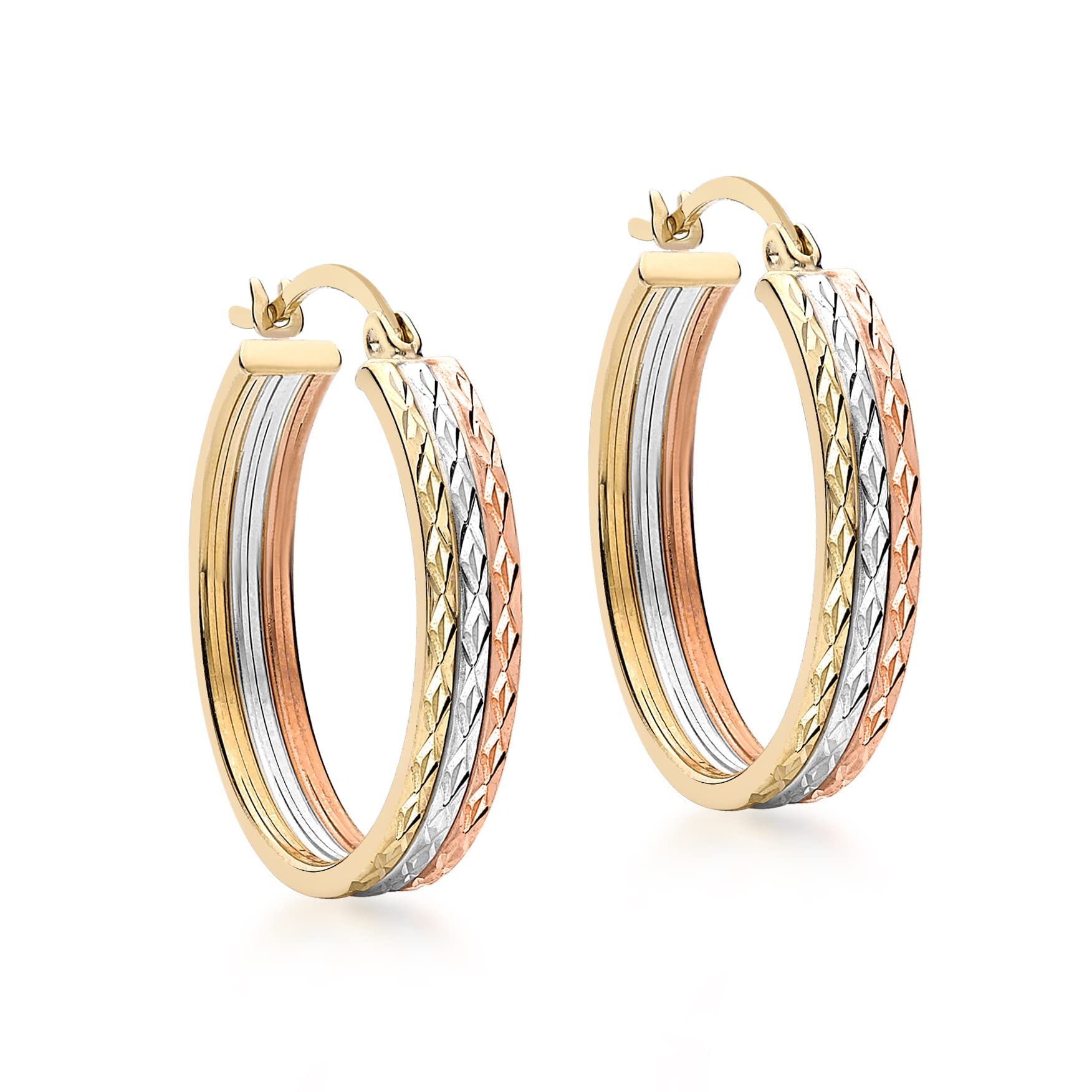 Carissima Orecchini Creole con Taglio Diamantato da 22 mm in Oro Tre Colori 9 ct per Donna